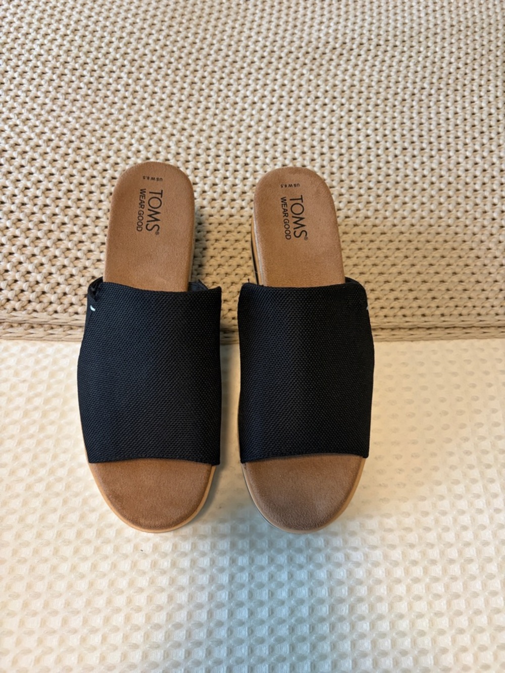 Toms Black Slide Mules with Tan Footbed